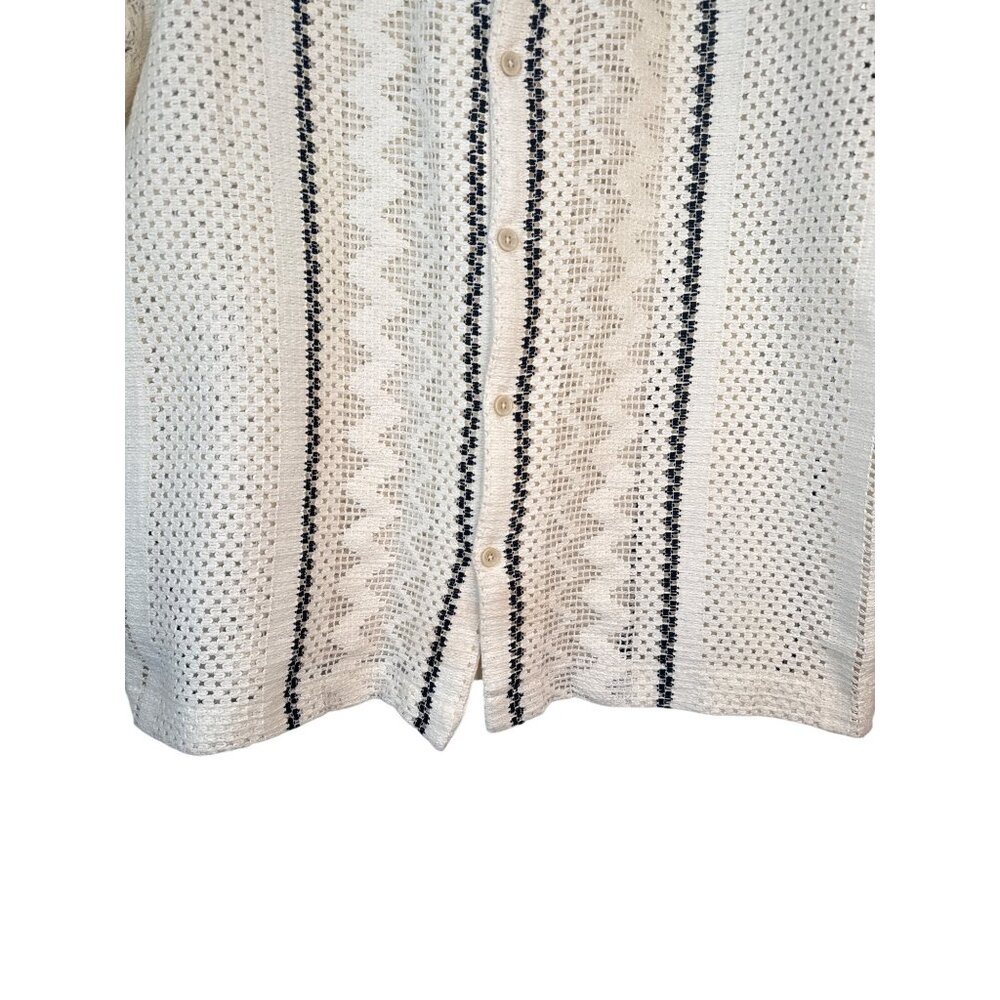 2/$30 Zara Mens XL Open Knit Button-Down Shirt Off White & Black Striped Unisex - Picture 7 of 13